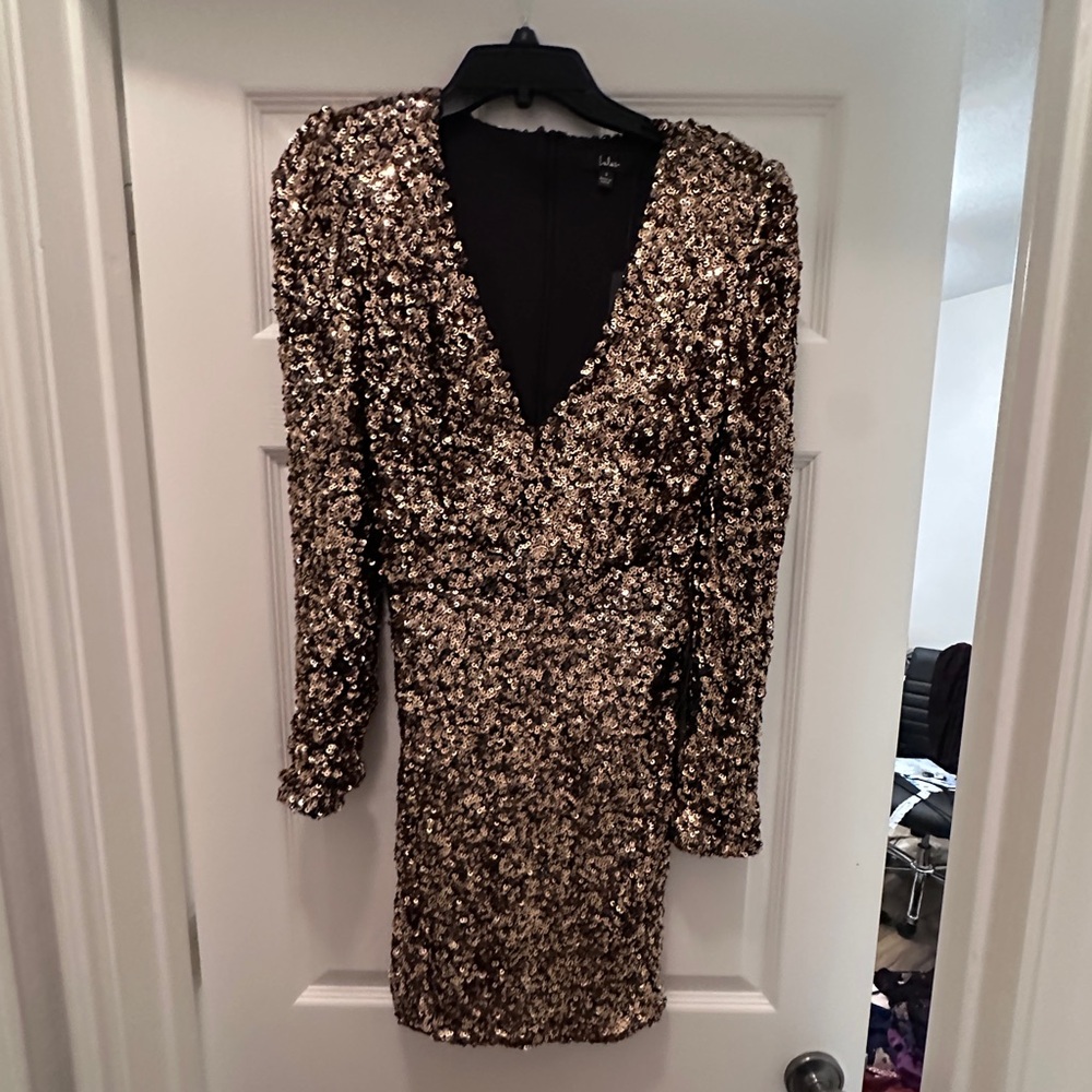 Black and gold sequin New Years Eve long sleeve mini dress